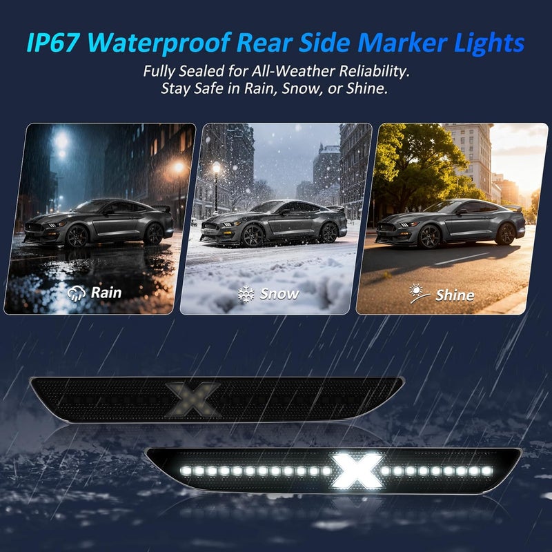 Best View Rear LED Side Marker Lights for Ford Mustang 2015-2023: Smoked Lens Fender Side Marker Reflectors Lights, X-style Side Bumper Lights, Waterproof Parking Lamps, Pack of 2 - Image 2